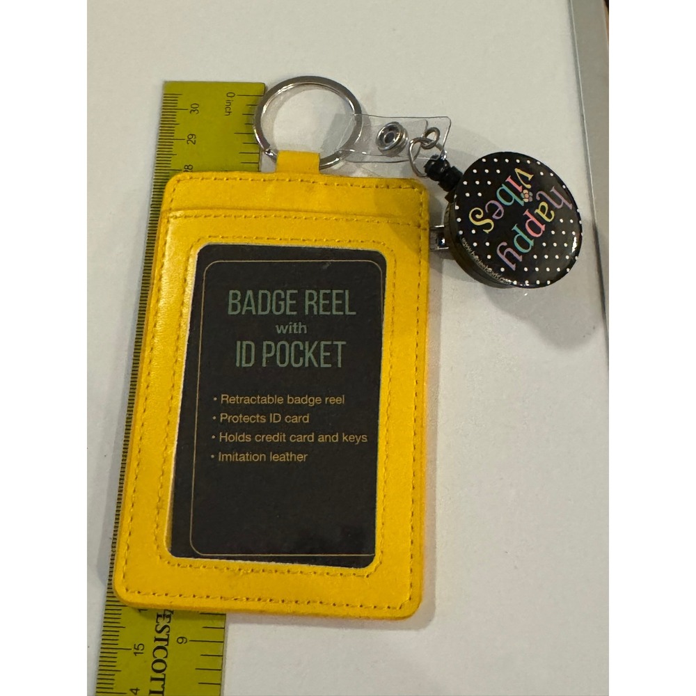 Boogee Beads Yellow Faux Leather Retractable Badge Reel ID Pocket Happy Vibes